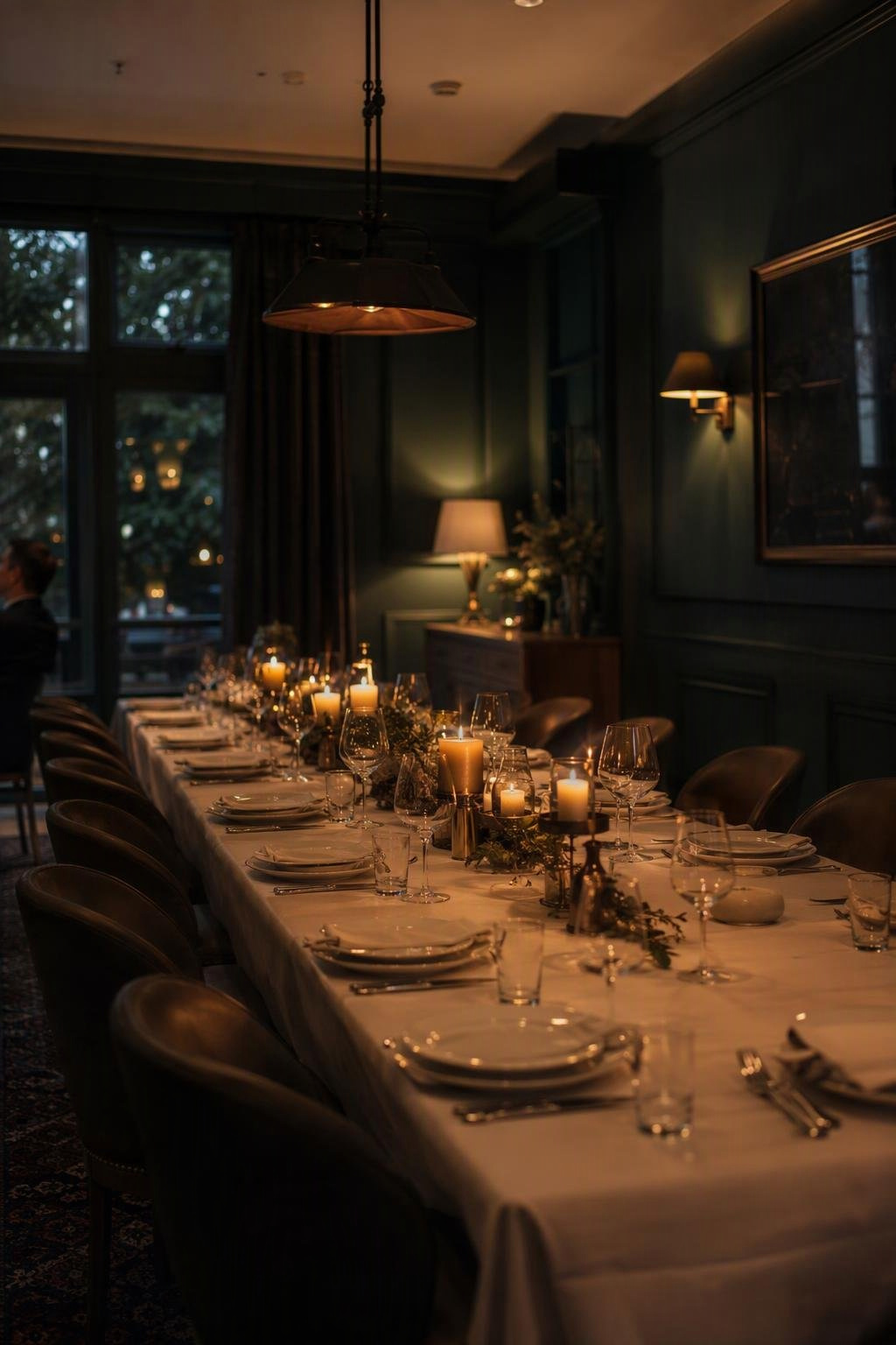 The private dining room set for twelve