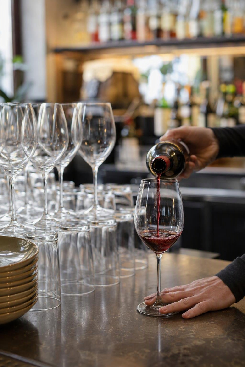A glass of red being poured at the bar