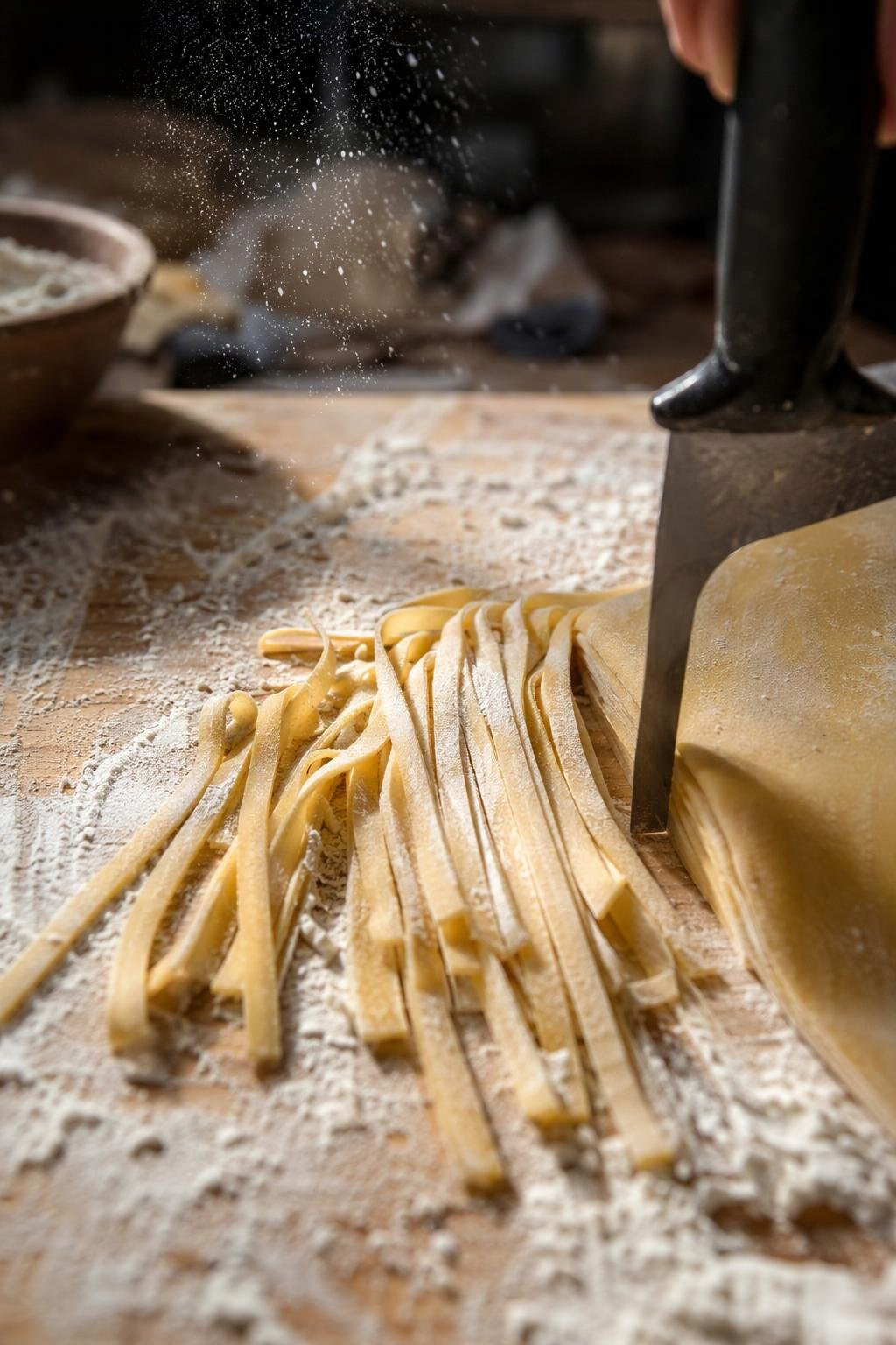 Fresh pasta being cut by hand