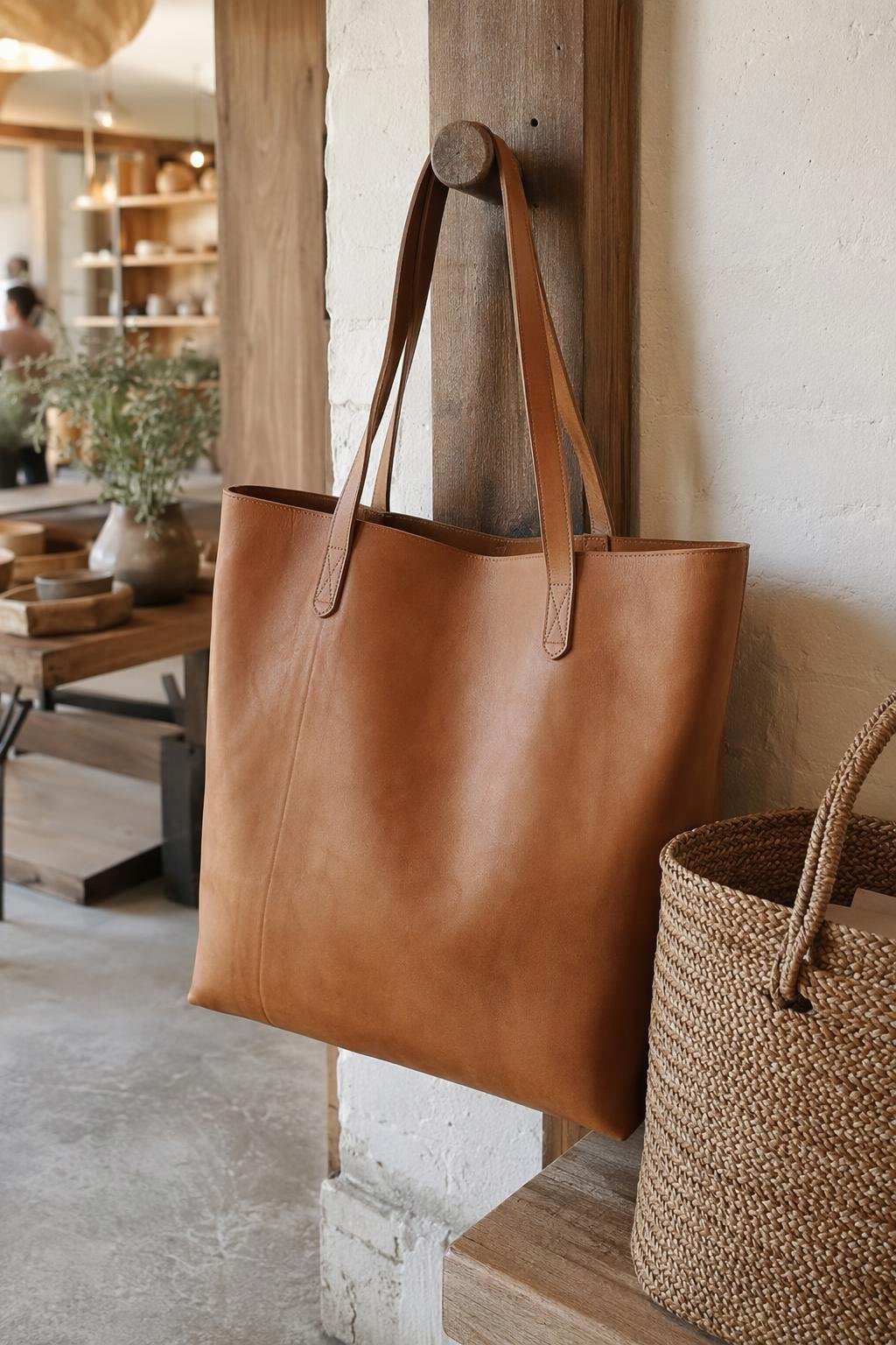 A leather tote on a peg